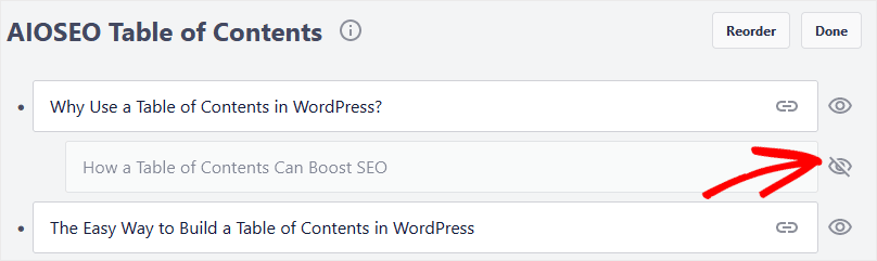 AIOSEO WordPress 目次 項目を非表示