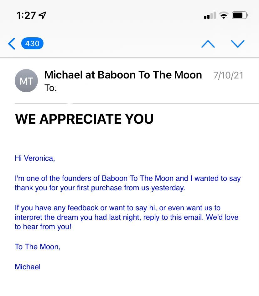 Uno screenshot di un'e-mail di apprezzamento del cliente in testo semplice da parte di Baboon To The Moon, indirizzata dal loro fondatore.