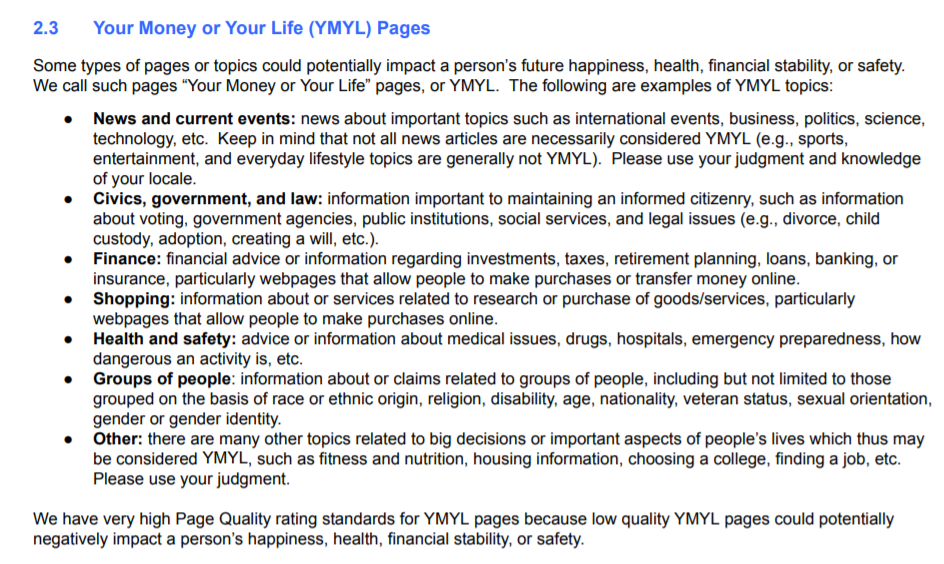 谷歌 YMYL 推薦的主題在第 2.3 節中列出