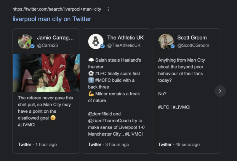 SERPs de "liverpool man city" - carrossel do Twitter