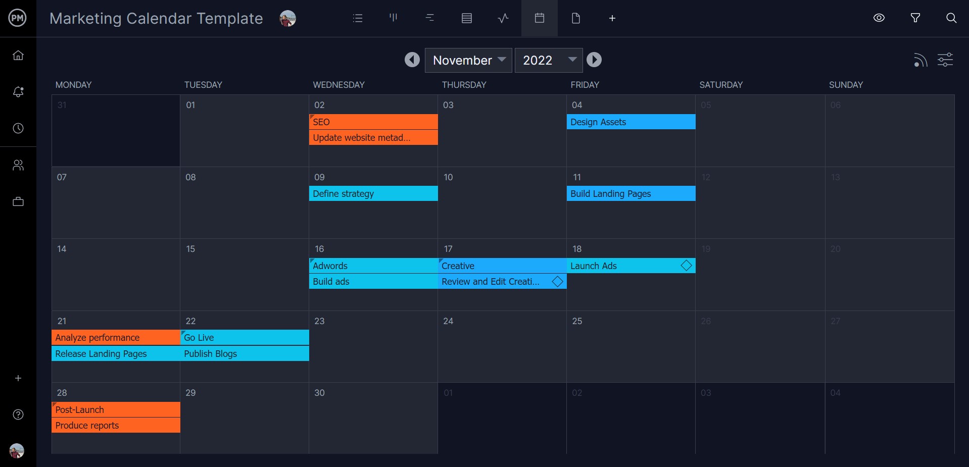 Tampilan kalender ProjectManager