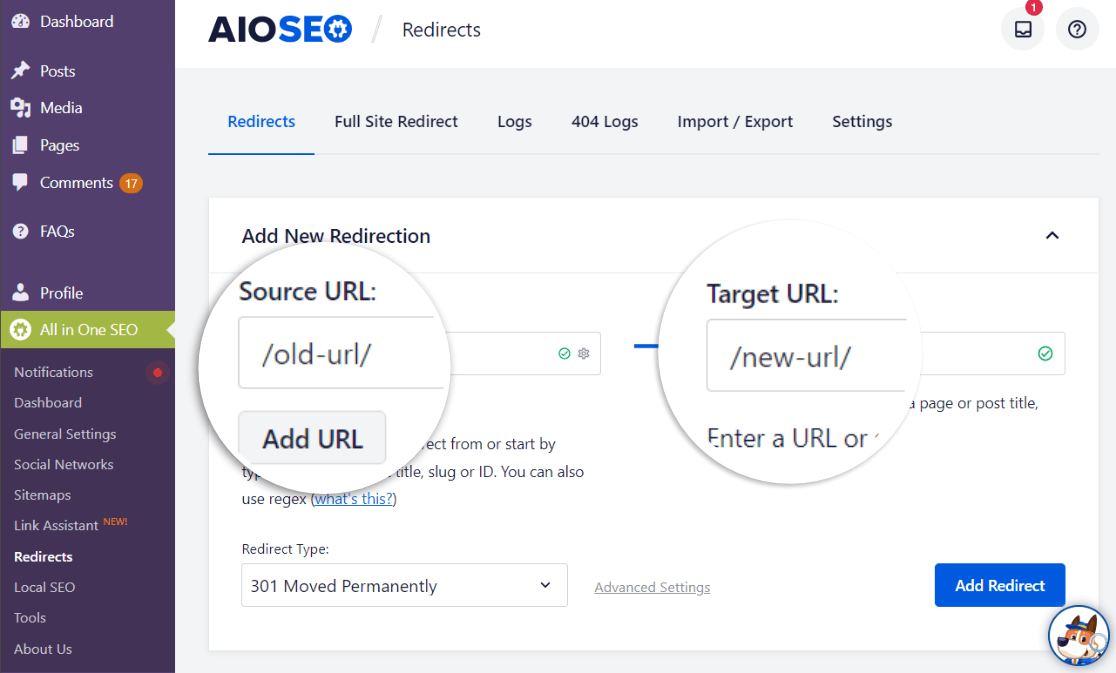 Pengalihan AIOSEO - URL sumber dan URL target