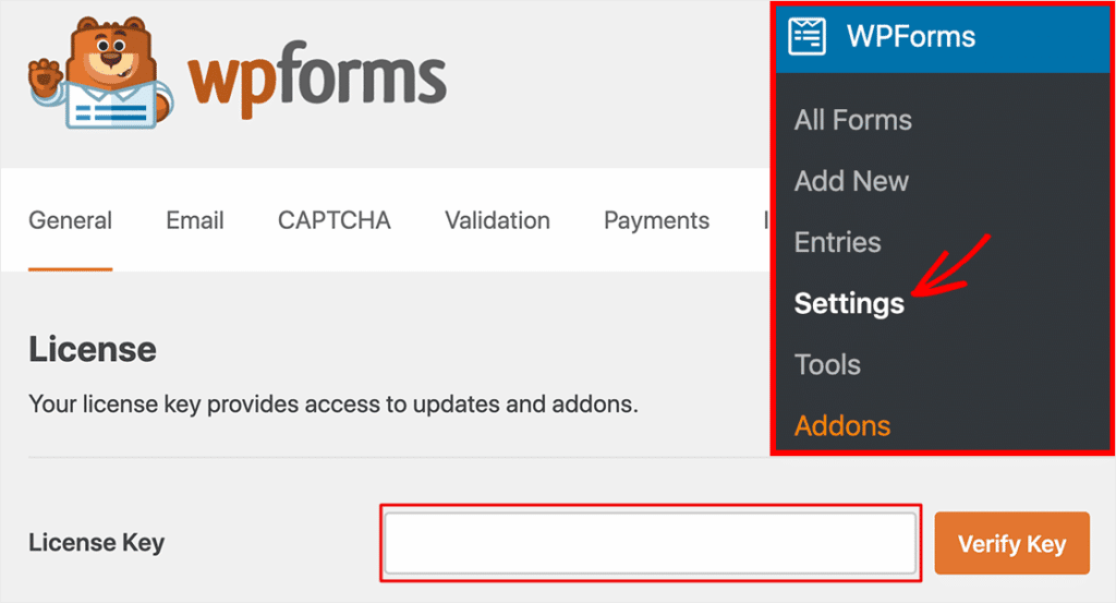 WPForms verifica la chiave di licenza