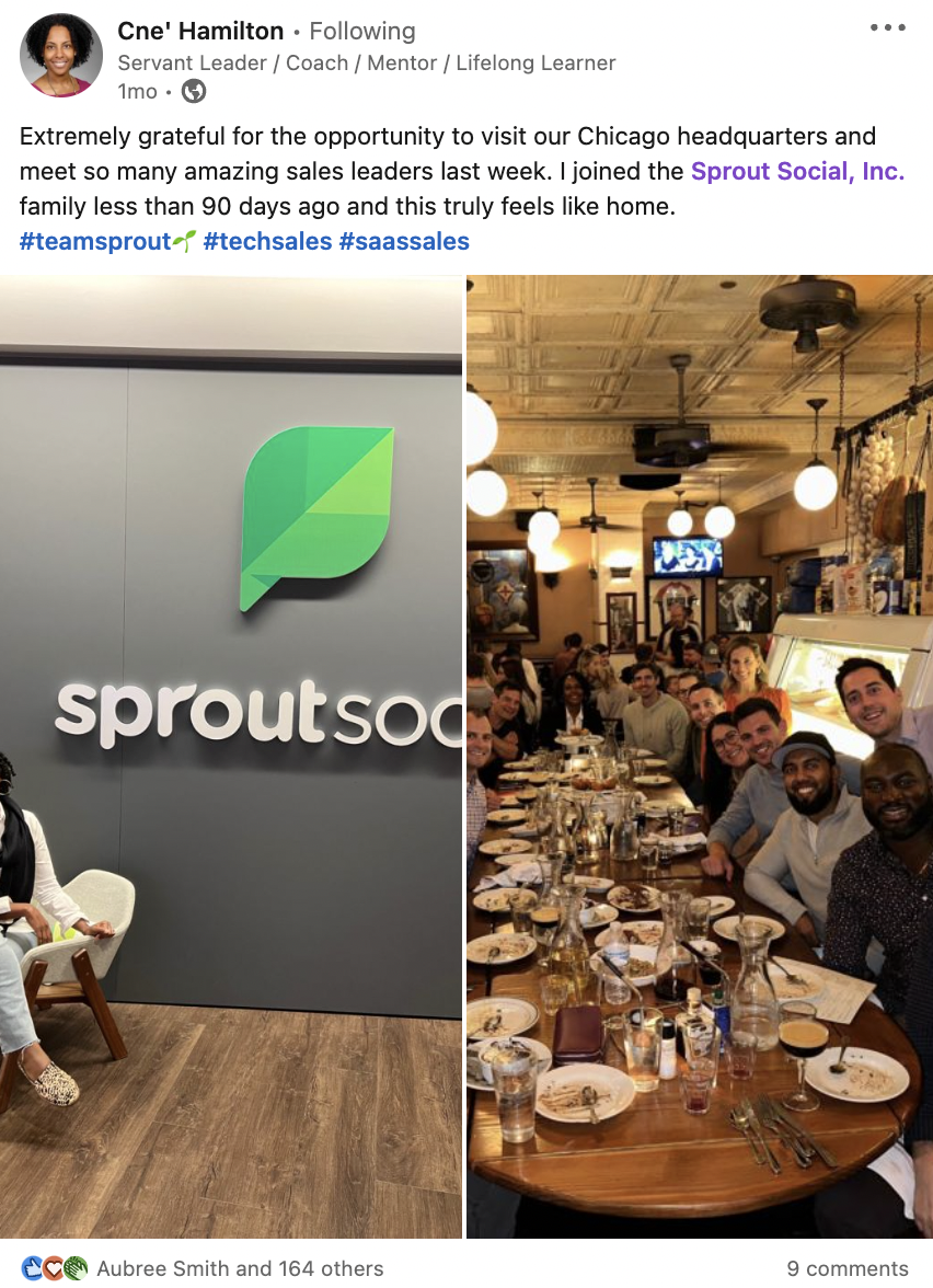 โพสต์ LinkedIn จากพนักงานของ Sprout ที่มีรูปถ่ายของการพบปะกันในสำนักงานใหญ่