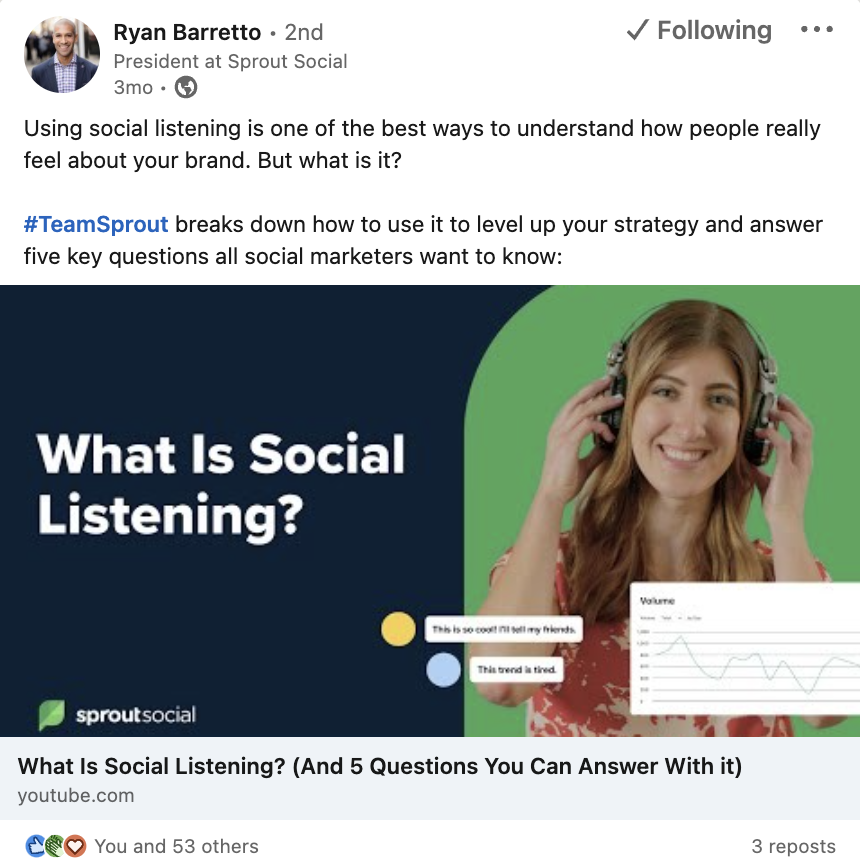 โพสต์ LinkedIn จากประธาน Sprout แบ่งปันเนื้อหาวิดีโอ Sprout ใหม่เกี่ยวกับการฟังทางสังคม