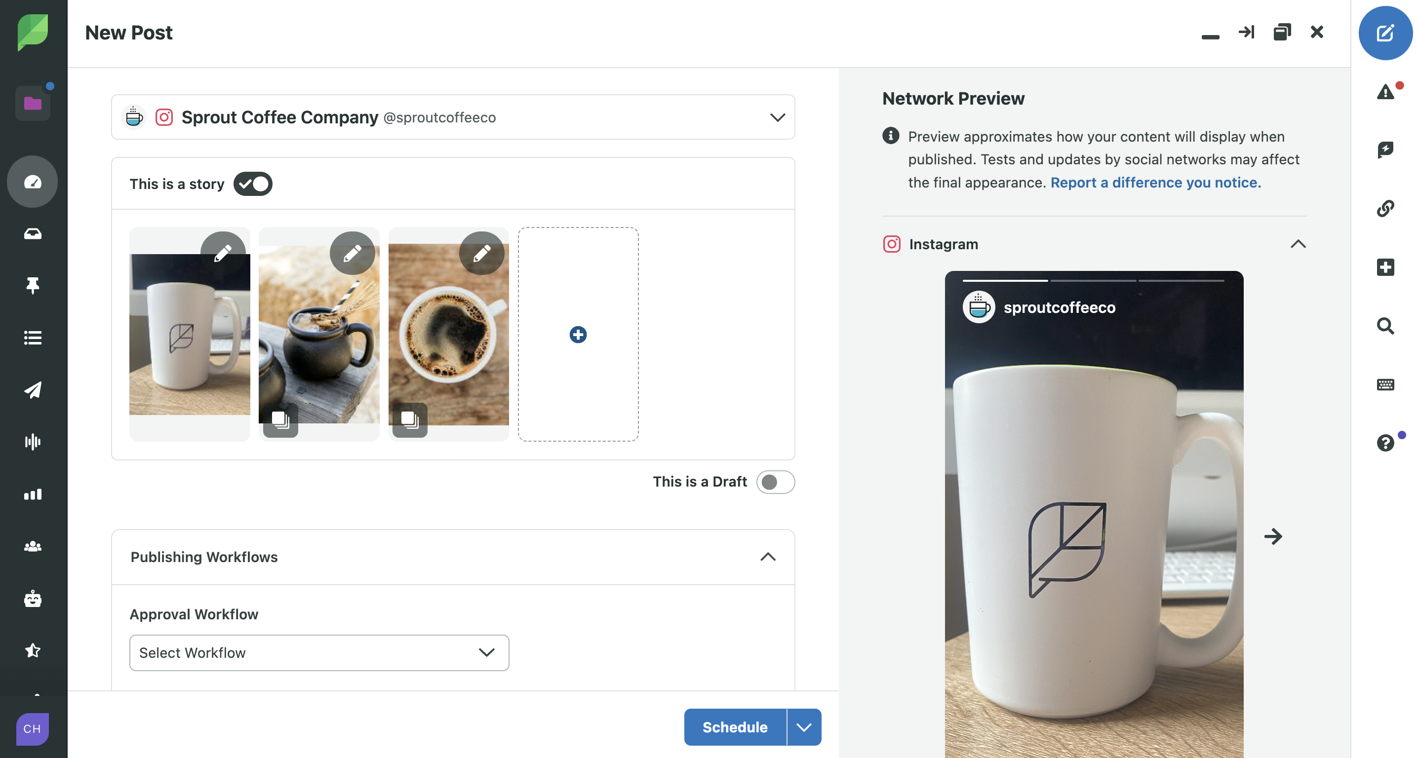 มุมมองเครื่องมือของ Sprout แสดงให้เห็นว่าคุณสามารถนำเข้ารูปภาพ Canva ได้โดยตรงจาก Canva และคุณสามารถตั้งเวลา Instagram Stories ได้