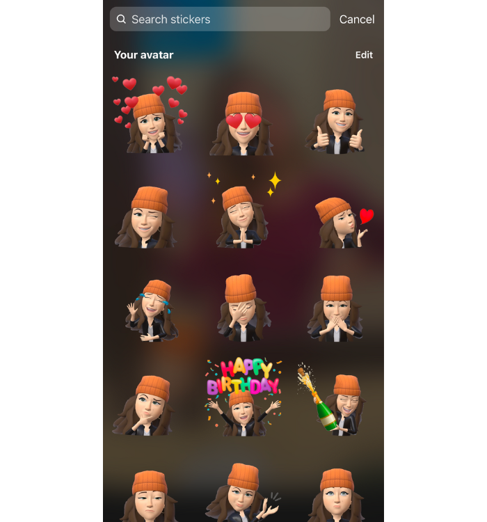 ภาพหน้าจอแสดง Meta Avatars ที่แสดงท่าทางต่างๆ ที่คุณสามารถใช้ใน Instagram Stories