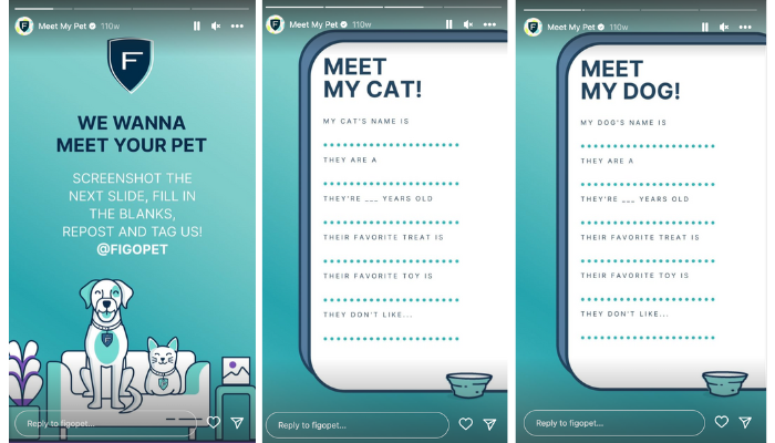 เรื่องราวใน Instagram ของ Figo มีข้อความที่กระตุ้นให้ผู้ชมแชร์รูปภาพสัตว์เลี้ยงของตน