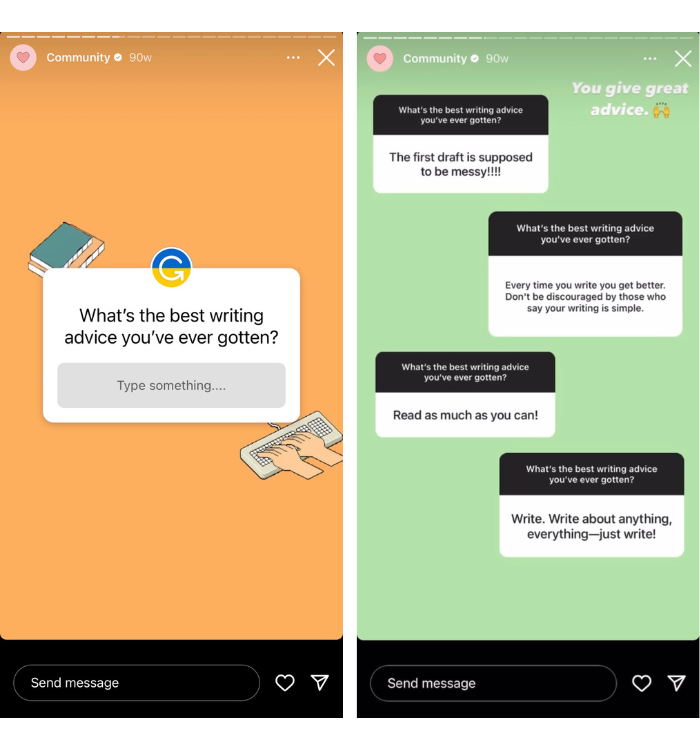 เรื่องราวบน Instagram ของ Grammarly มีสติกเกอร์คำถามที่กระตุ้นให้ผู้ชมส่งคำแนะนำในการเขียนที่ดีที่สุด และภาพหน้าจอของเรื่องราวที่ตามมาซึ่งมีคำตอบที่แชร์ต่อ