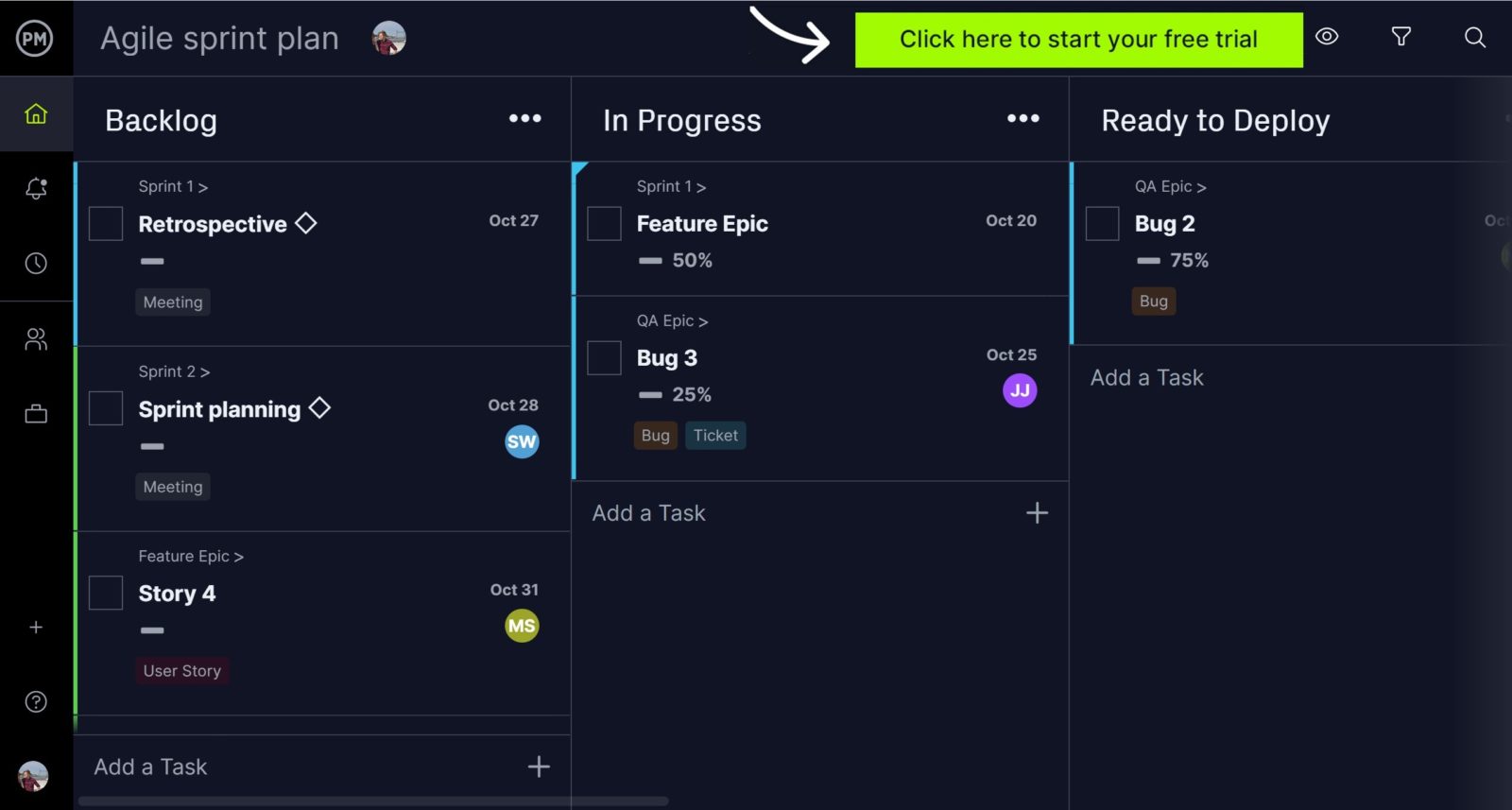 La bacheca kanban di ProjectManager