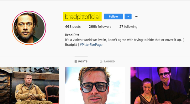 Profil Instagram fals Brad Pitt