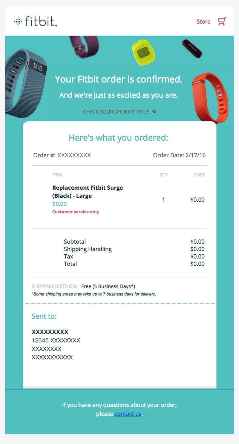 Un exemplu de e-mail al Fitbit cu privire la o comandă pentru un cont de client