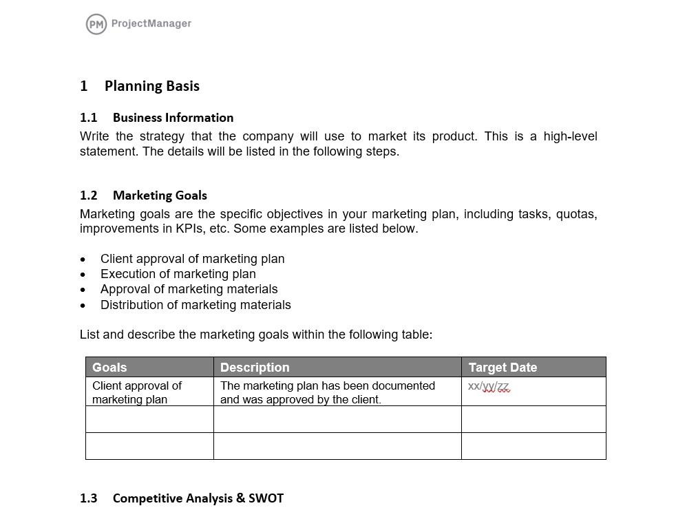 Șablonul gratuit de plan de marketing al ProjectManager