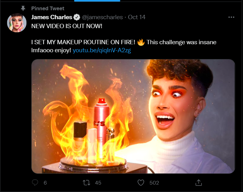 ภาพหน้าจอของทวีตของ James Charles ผู้มีอิทธิพลใน Twitter