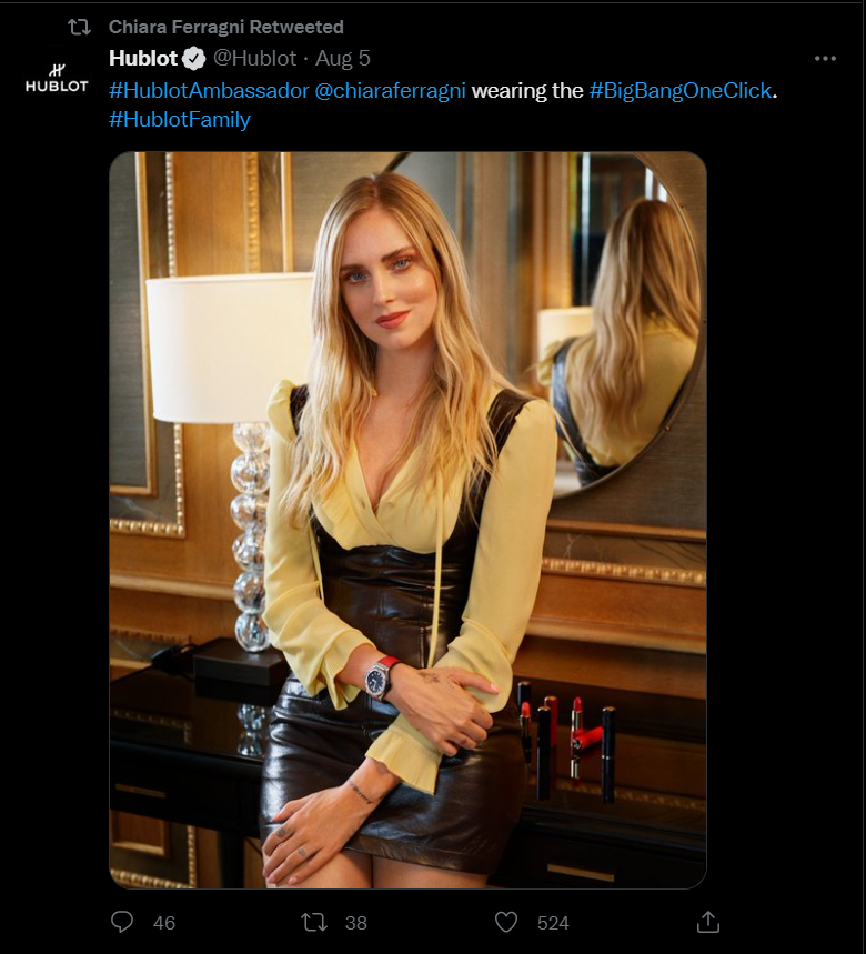 ภาพหน้าจอของทวีต Chiara Ferragni ผู้มีอิทธิพลใน Twitter