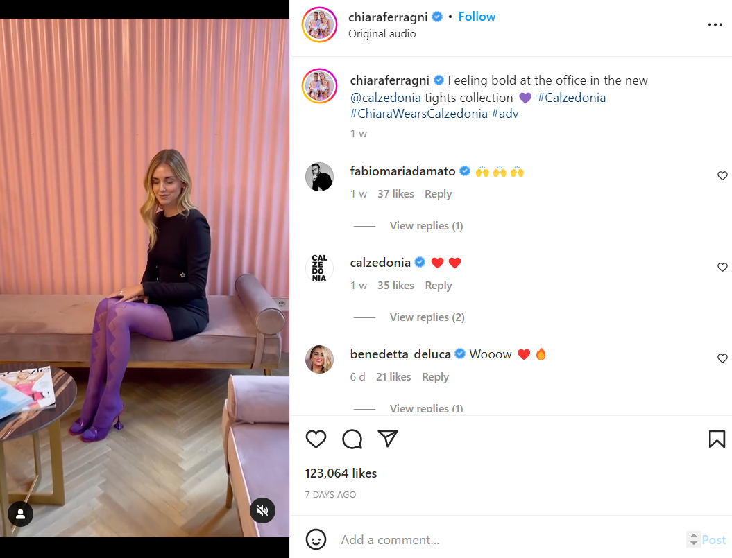 ภาพหน้าจอของโพสต์ Instagram ของ Chiara Ferragni