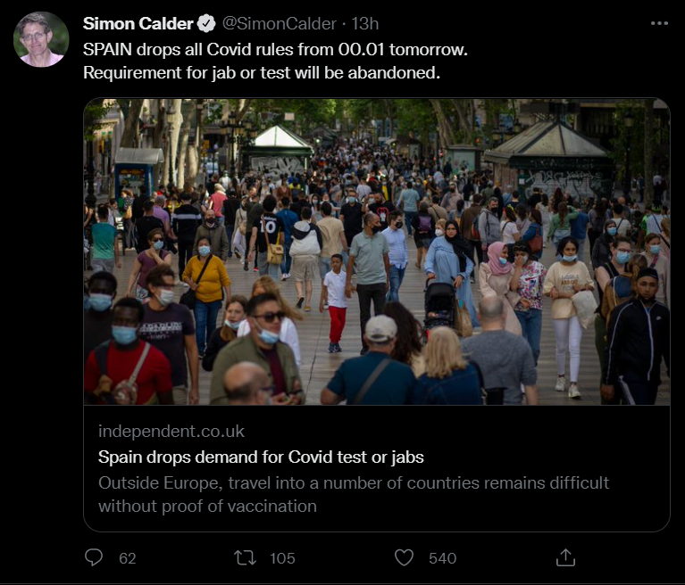 ภาพหน้าจอของทวีตของ Simon Calder ผู้มีอิทธิพลใน Twitter