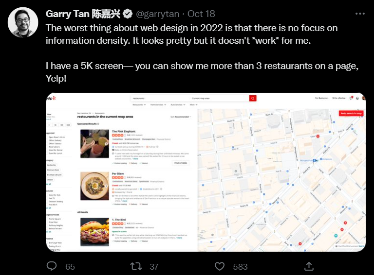 ภาพหน้าจอของทวีต Garry Tan ผู้ทรงอิทธิพลใน Twitter