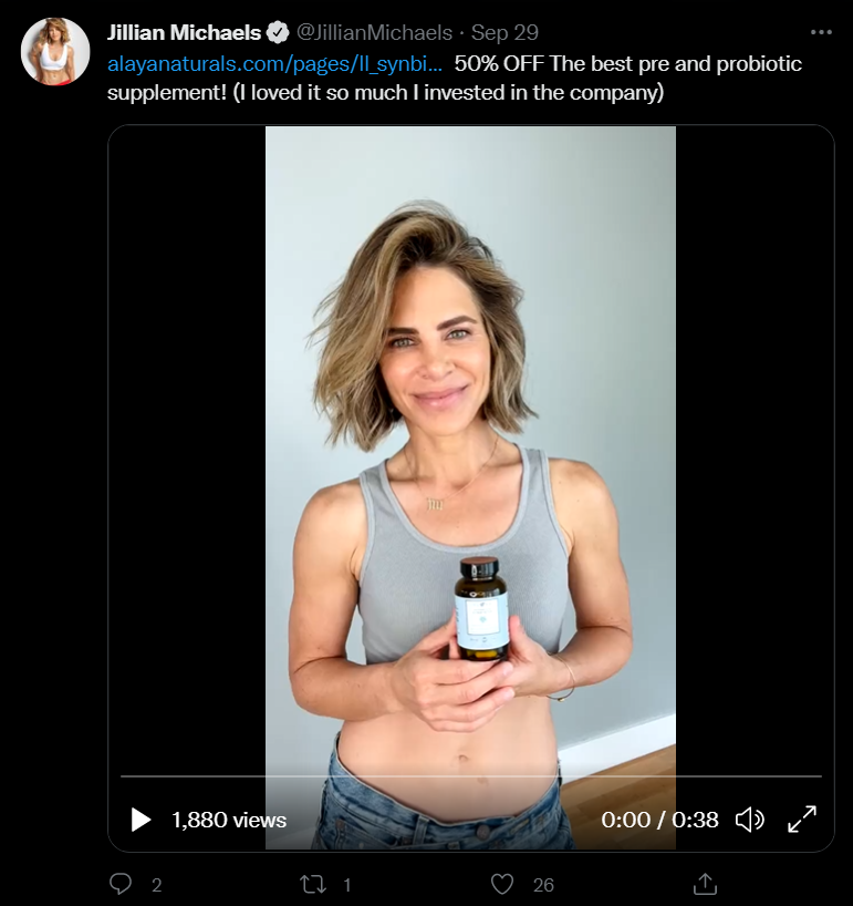 ภาพหน้าจอของทวีตของ Jillian Michaels ผู้มีอิทธิพลใน Twitter