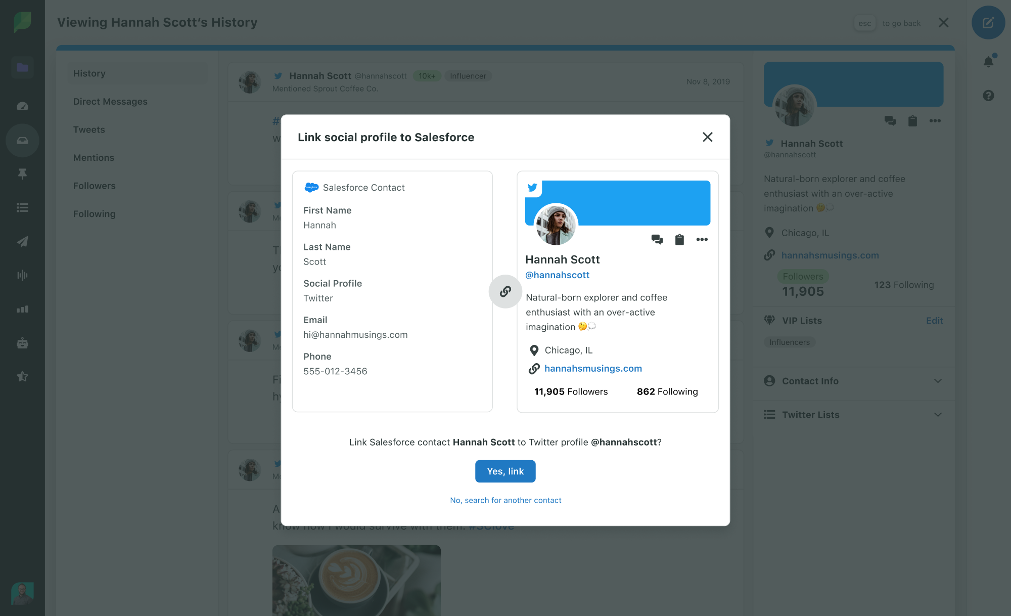 Tangkapan layar di Sprout Social yang mendemonstrasikan cara menautkan profil sosial ke kontak Salesforce.