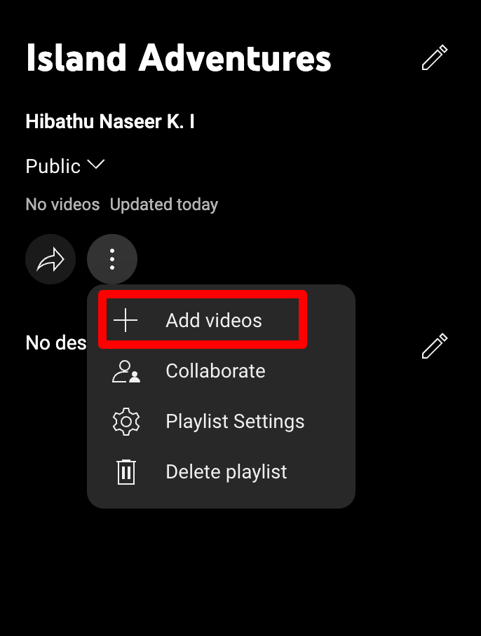 Menu di YouTube untuk menambahkan video ke daftar putar yang ada