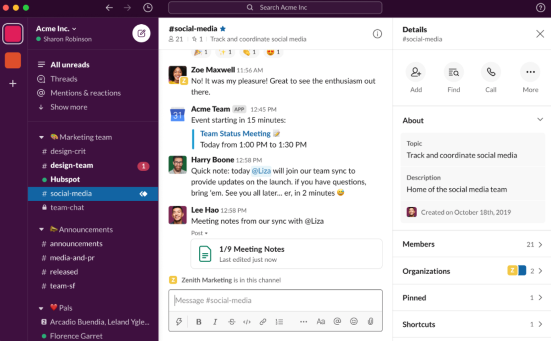 ภาพหน้าจอของการแชท Slack ของบริษัทและช่องต่างๆ