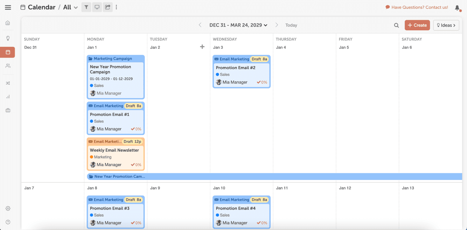 Calendarul CoSchedule este afișat în vizualizare completă