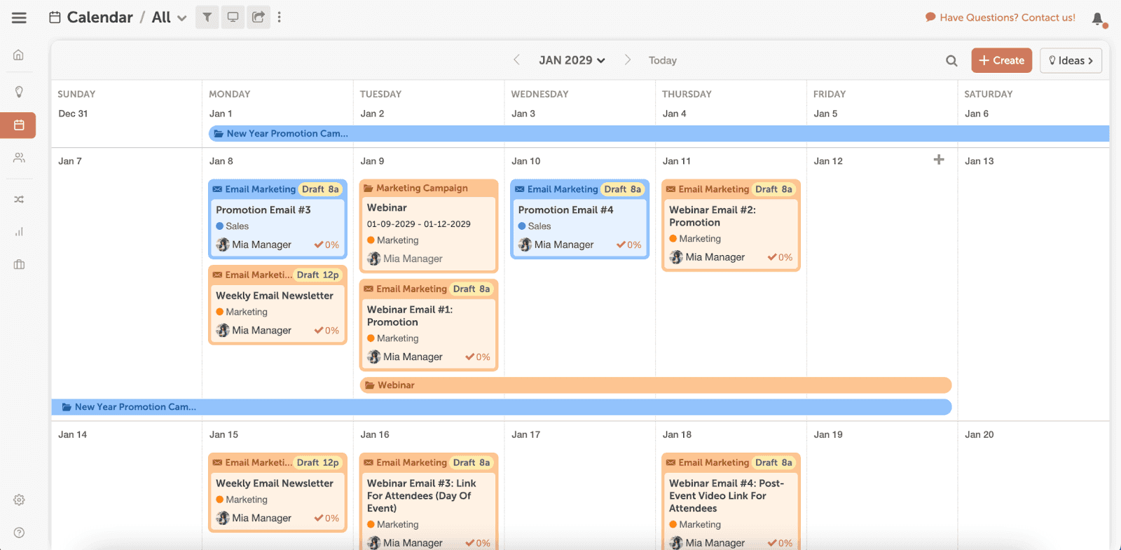 Calendarul CoSchedule afișând mai multe straturi diferite de sarcini