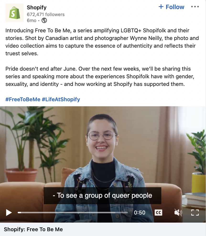 關於 Shopify 提升 LGBTQA+ 員工的 Free To Be Me 活動的 LinkedIn 帖子