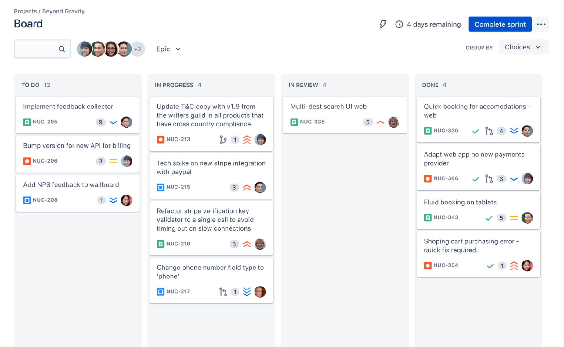 Tangkapan layar proyek Jira dengan tugas yang dikategorikan berdasarkan tugas, sedang berlangsung, sedang ditinjau, dan selesai.