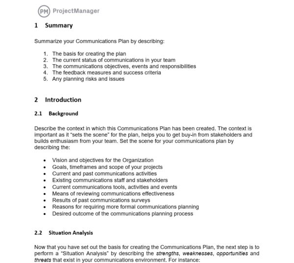 เทมเพลตแผนการสื่อสารฟรีของ ProjectManager