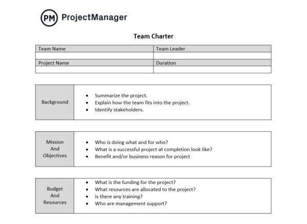 เทมเพลตกฎบัตรทีมฟรีของ ProjectManager