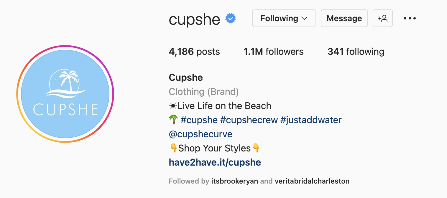 Contoh bio Instagram dari Cupshe