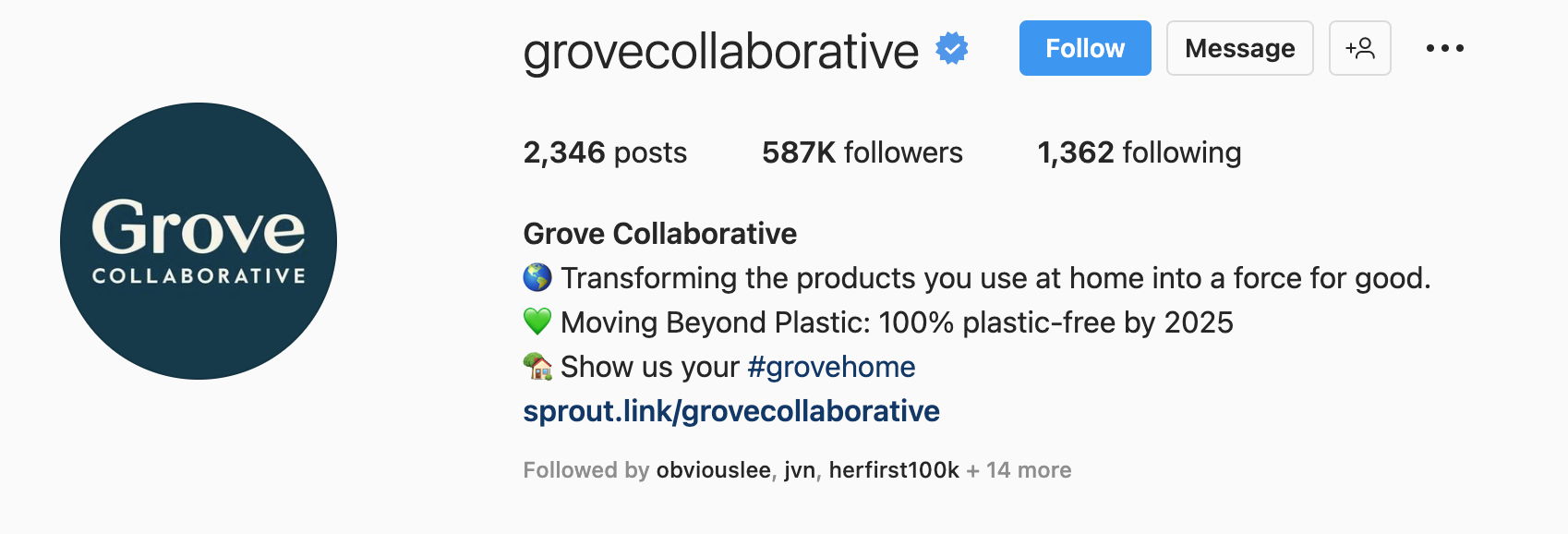 Contoh bio Instagram dari Grove Collaborative