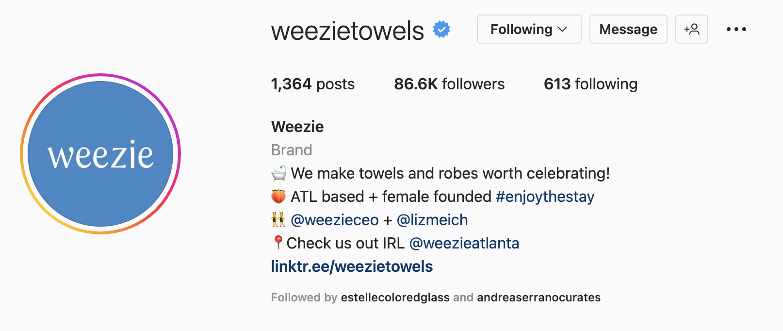 Contoh bio Instagram dari Weezie Towel