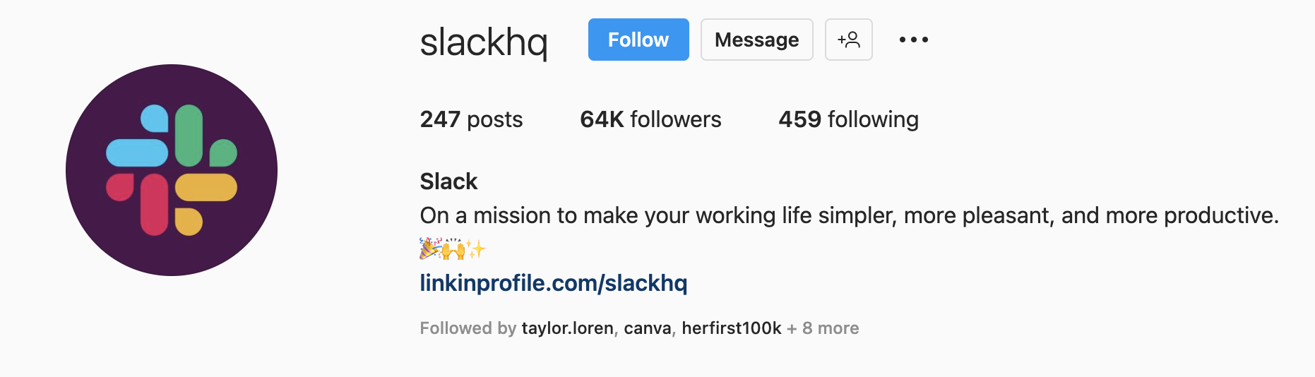 Contoh bio Instagram dari Slack