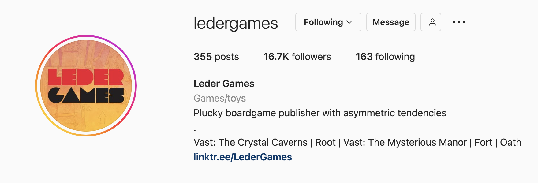 Contoh bio Instagram dari Leder Games