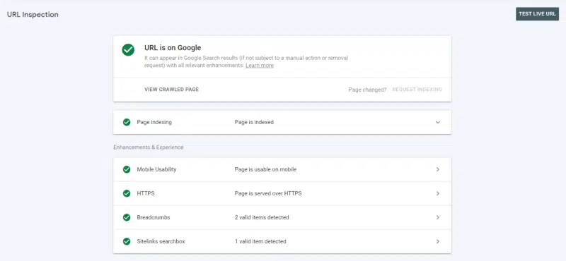 Google Search Console URL Inspector Results