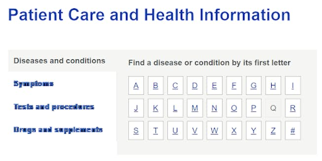 Cuplikan layar dari daftar kondisi Mayoclinic