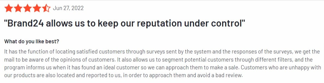 บทวิจารณ์เชิงบวกที่โพสต์โดยลูกค้าของ Brand24 บน G2