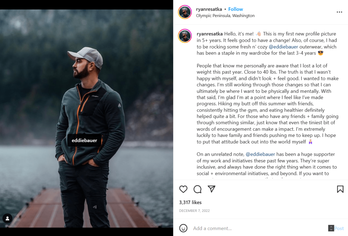 Ryan Resatka เป็นตัวแทนของแบรนด์ Eddie Bauer บน Instagram ของเขา