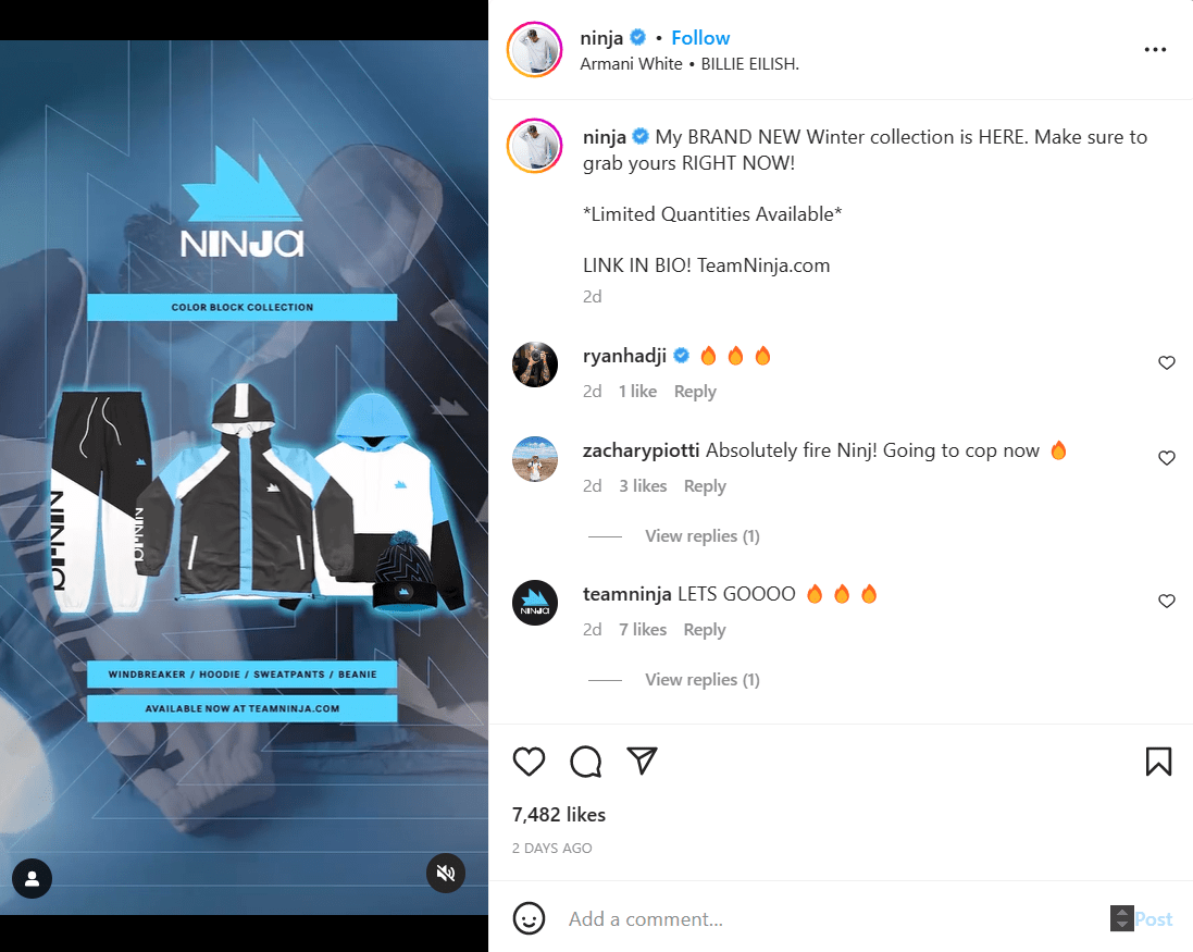 Ninja ผู้มีอิทธิพลต่อการเล่นเกม Instagram โปรโมตร้านค้าออนไลน์ของเขา