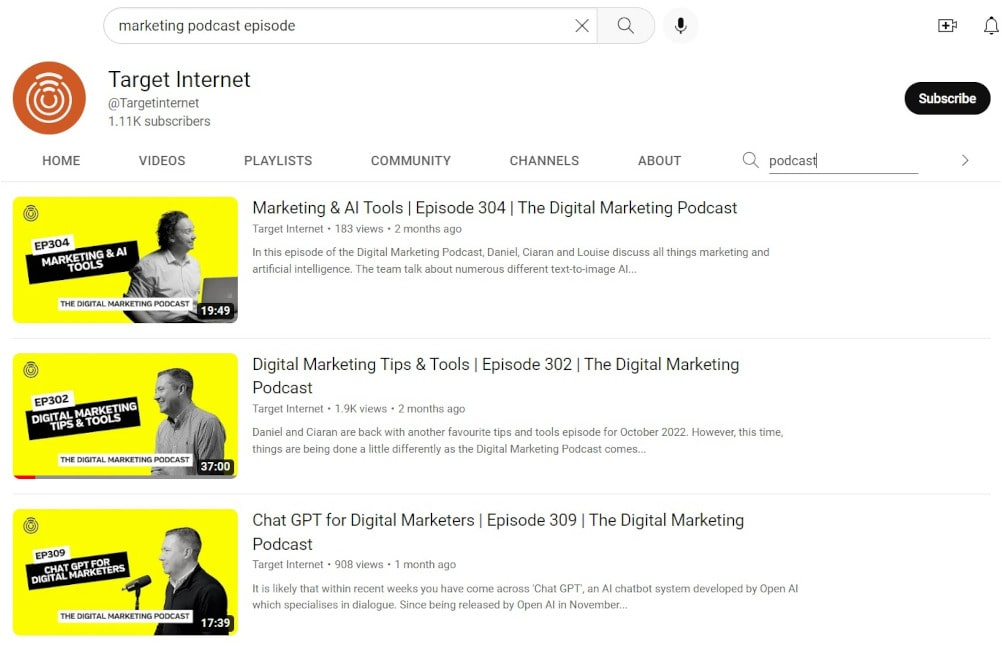 Estratégia de marketing de podcast - exemplo de episódio de podcast no YouTube