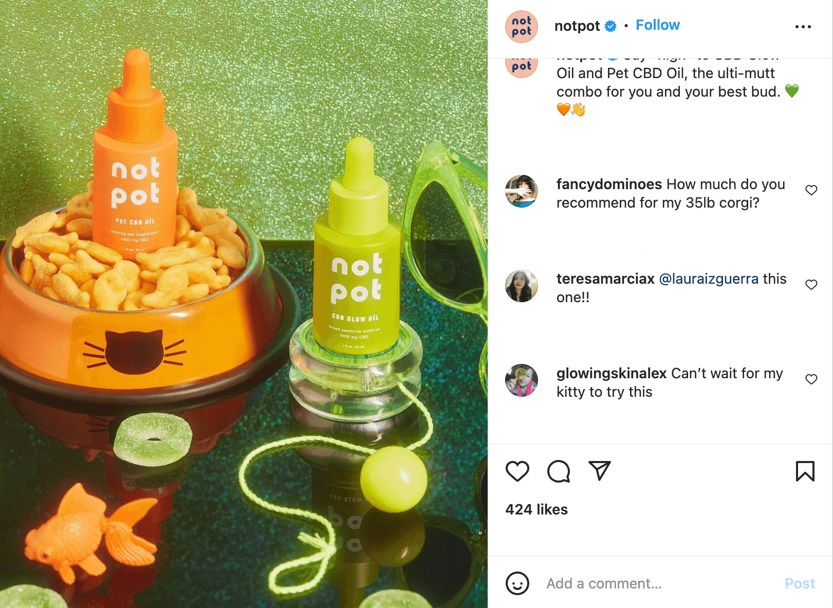 ペットの CBD に関する Not Pot インスタグラムの投稿