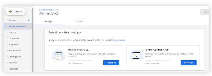 opsi rekomendasi penerapan otomatis google ads
