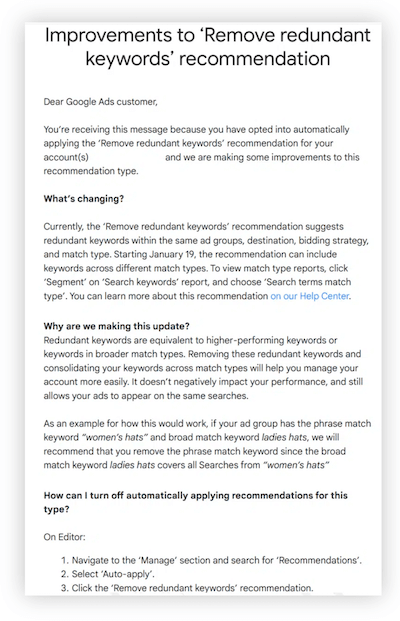 email iklan google tentang perubahan rekomendasi kata kunci yang berlebihan
