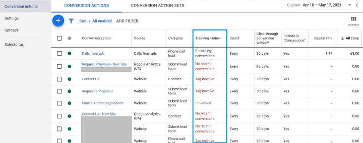 tracking konversi google ads - contoh layar konversi yang menampilkan kolom status