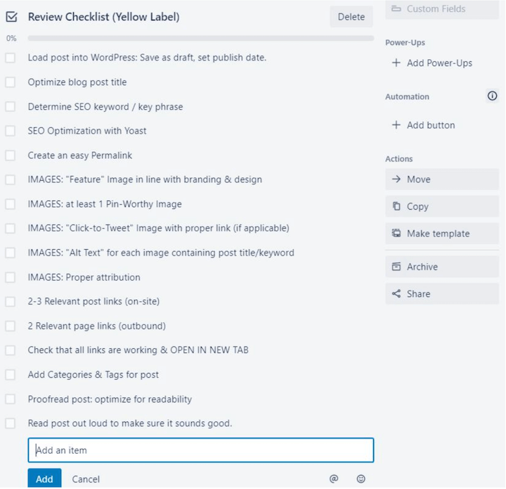 templat kalender editorial trello - daftar periksa ulasan