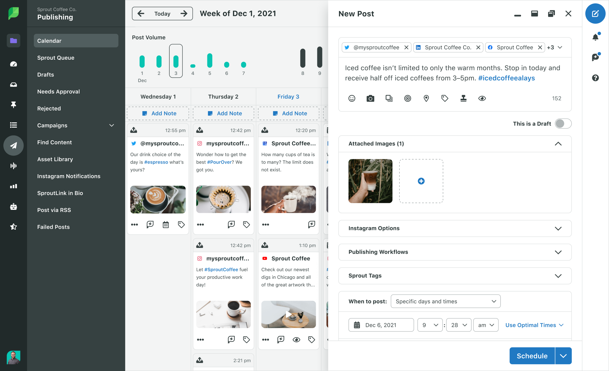 Tangkapan layar fitur Tulis di Kalender Penerbitan Sprout Social. Ini menunjukkan cara meminta persetujuan dengan satu klik.