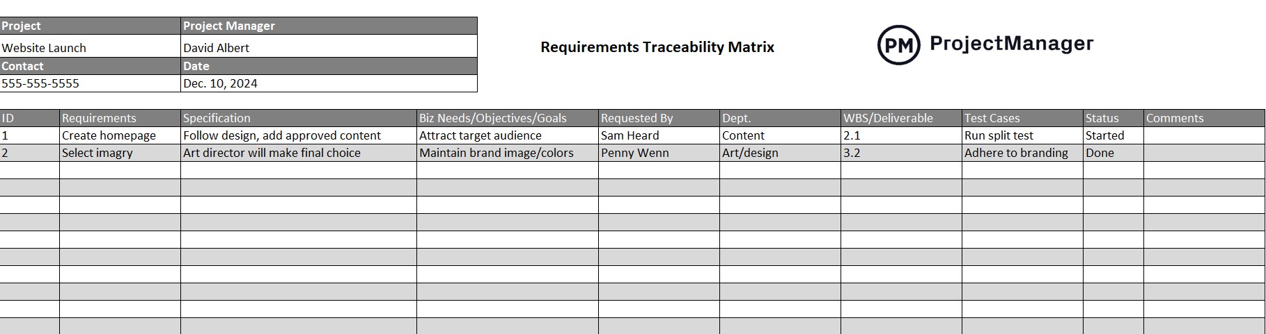 Templat matriks keterlacakan persyaratan ProjectManager